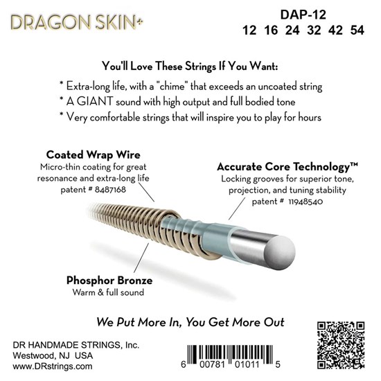 DR Dragon Skin + Phosphor Bronze Acoustic Guitar Strings (12-54)