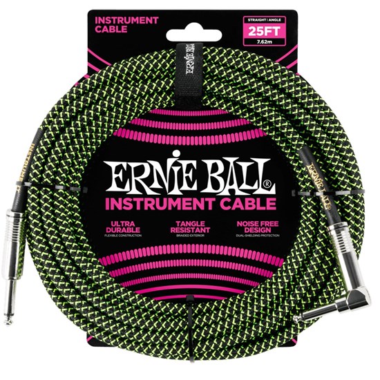 Ernie Ball 25' Braided Straight / Angled Instrument Cable (Black / Green)